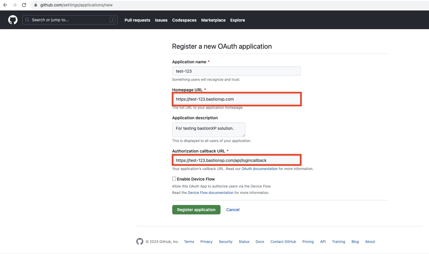 GitHub OAuth New App Registration